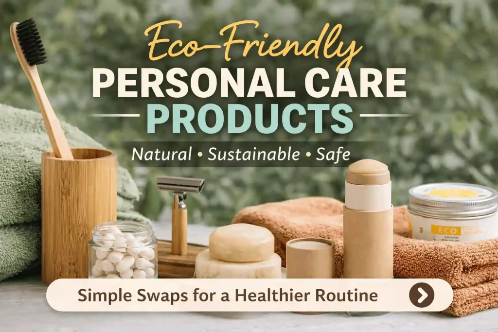 Eco-friendly personal care products like bamboo toothbrush, natural deodorant, and sustainable beauty products for a zero-waste routine