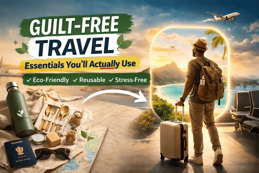 Eco-friendly travel essentials with guilt-free travel concept and minimal aesthetic setup