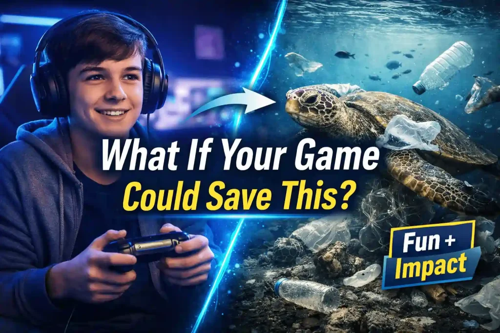 gamer playing video game next to ocean pollution turtle visual showing how games can help save oceans