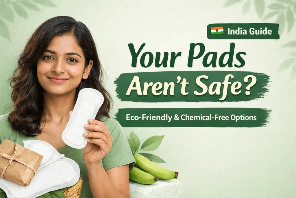 Eco friendly sanitary pads India thumbnail showing woman and biodegradable pads with green aesthetic