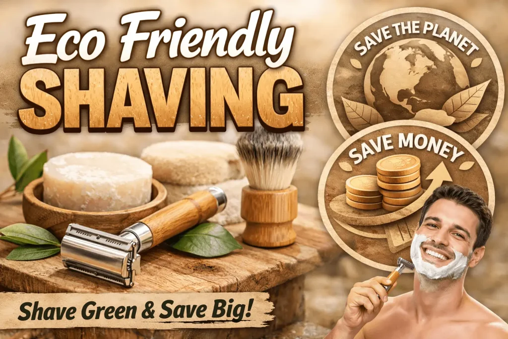 man using safety razor for eco friendly shaving with sustainable grooming products setup
