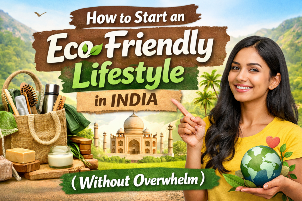 Illustration of eco-friendly products and a woman promoting how to start an eco-friendly lifestyle in India without overwhelm.