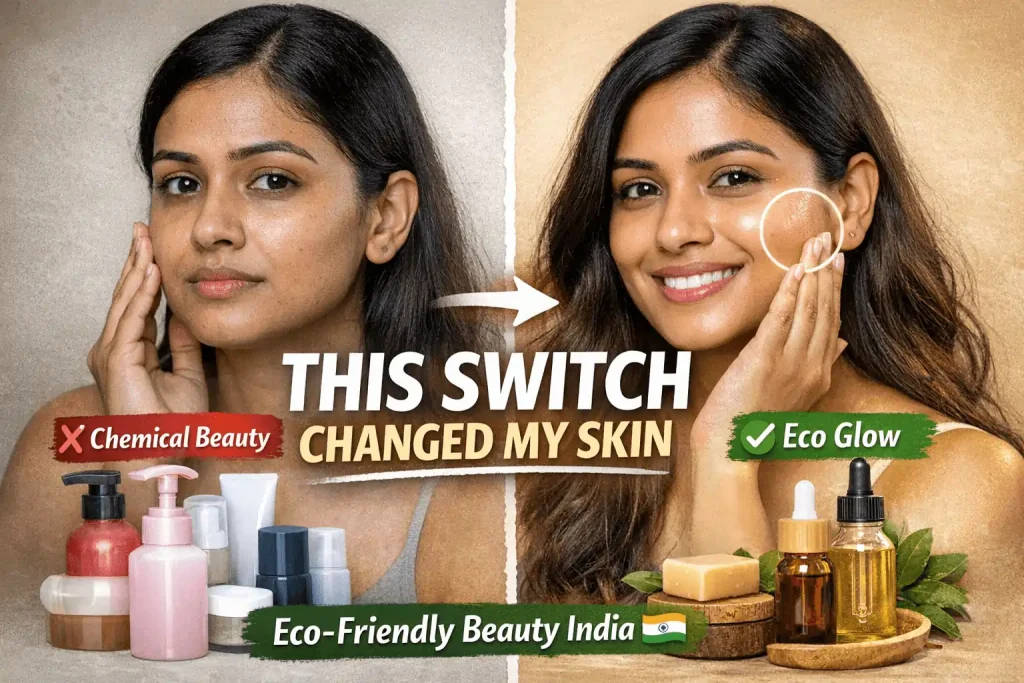 Eco friendly beauty products in India thumbnail showing before and after skin glow transformation using eco friendly skincare and natural makeup products