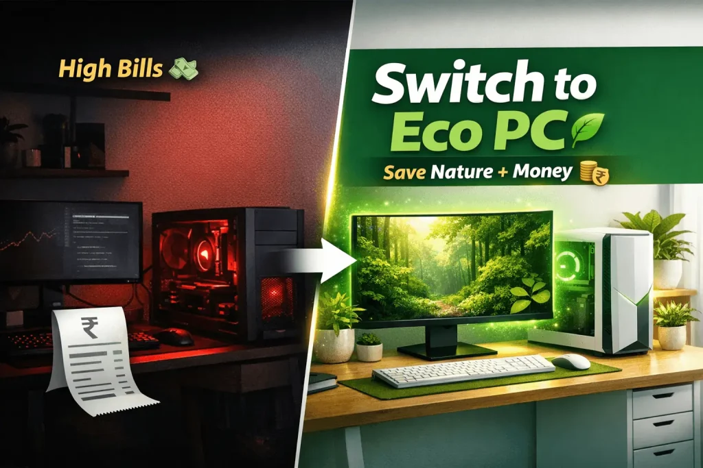 Eco friendly PC setup showing energy saving computer switch that helps save electricity bills and protect nature
