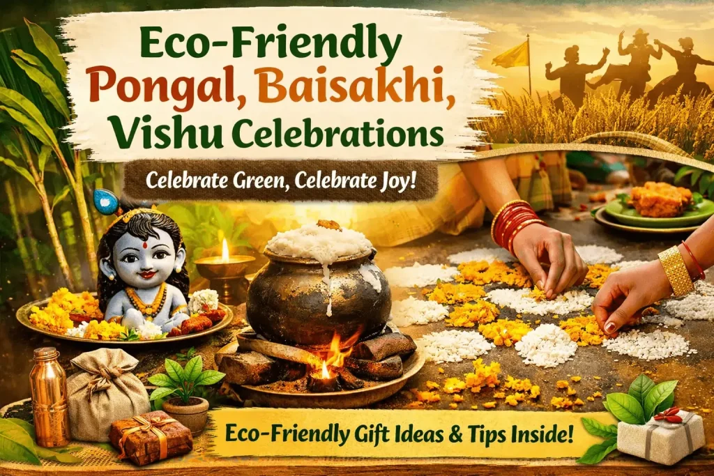 Eco-Friendly Pongal,Baisakhi,Vishu Celebrations with natural rangoli, pongal pot, Krishna idol and sustainable festive gifts